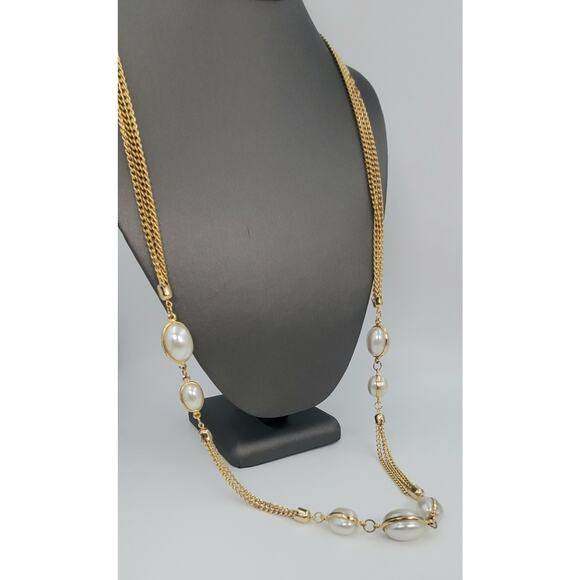 Vintage Simulated Pearl 3 Strand Extra Long Statement Necklace - Estate Find! - Picture 2 of 8